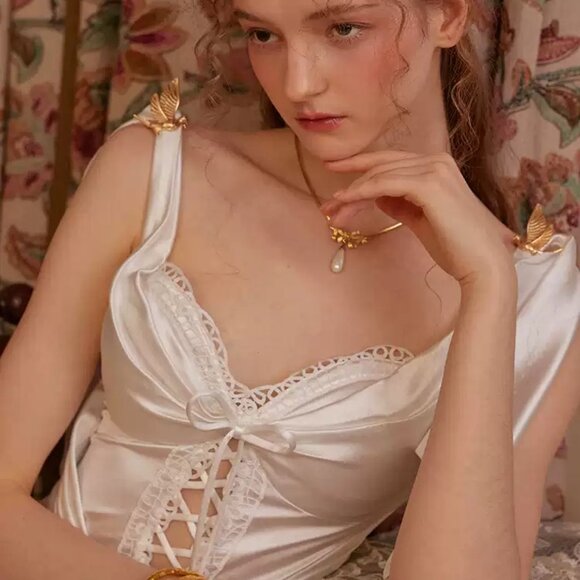 Ivory Satin Lace Up Corset Midi Dress - Picture 3 of 7